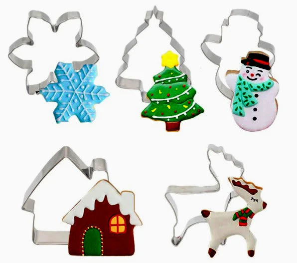 Set 5 Tagliapasta Natale. Albero Pupazzo e Fiocco di neve, Renna e Casetta.
