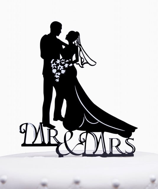 Mr. and Mrs. Wedding Cake Topper. Black Silhouette.