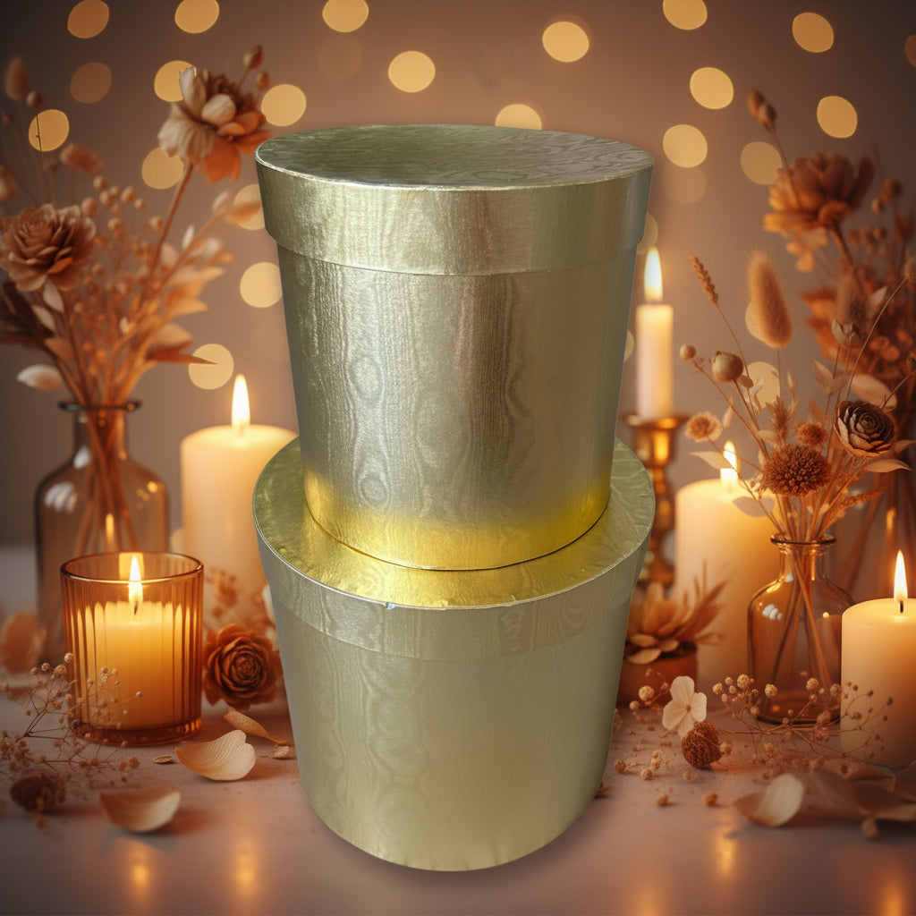 scatole tonde color oro effetto legno – set composto da 2 scatole in 2 diverse dimensioni