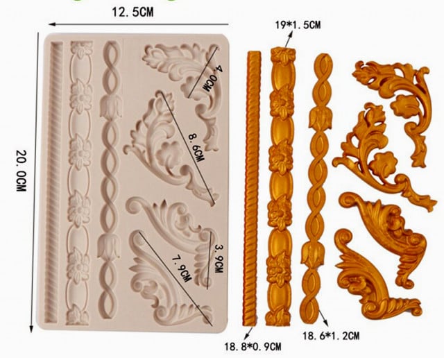 Grande Bordo Barocco Floreale con 7 decorazioni. Stampo Fiori in silicone