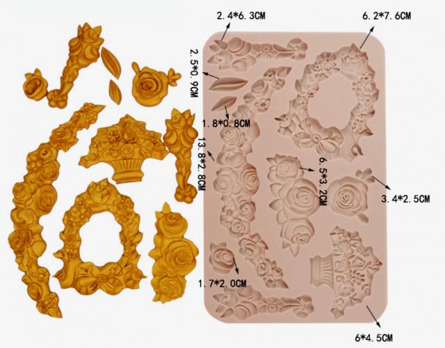 Mazzo di Rose Fiori e Foglie con 10 decorazioni. Barocco. Fantastiche decorazioni. Stampo in silicone