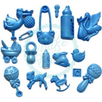 Baptism theme. Molds featuring a stork, baby bottle, crib, pacifier pin, pram, and many other shapes.