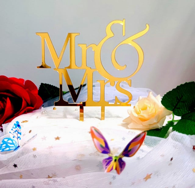 Mr. and Mrs. Wedding Cake Topper. Black Silhouette.