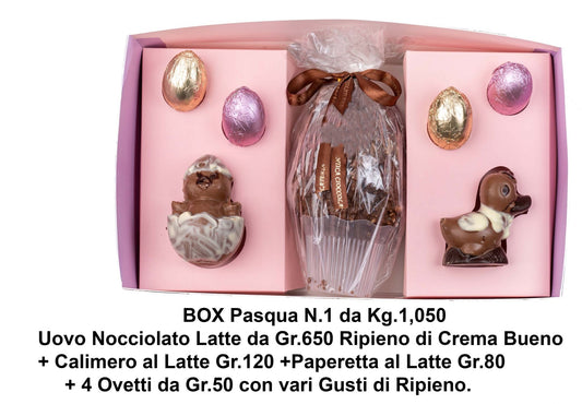 Easter Box Pasqua (N.1) KG.1,050 - UOVA NOCCIOLATO RIPIENO DI BUENO + CALIMERO+PAPERETTA+4 OVETTE RIPIENE DI CREME