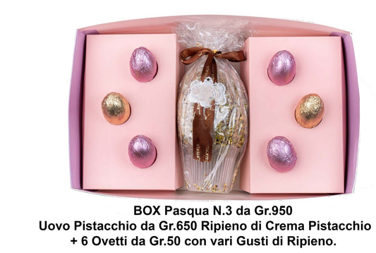 Easter Box Pasqua (N.3) GR.950- UOVA PISTACCHIATO RIPIENO DI CREMA AL PISTACCHIO+ 6 CON OVETTI VARI GUSTI RIPIENI