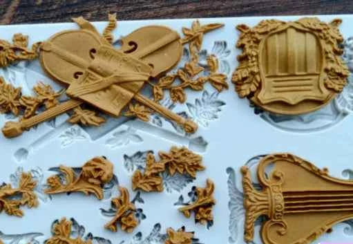 Strumenti Musicali Scudetto e decorazioni floreali. Stampo in silicone