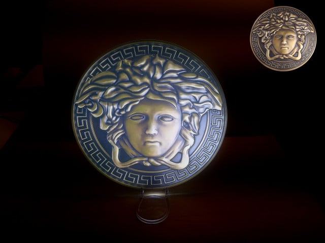 Versace Medusa Head Lamp, 30 cm in diameter. Acrylic Wall or Table Lamp with Versace Logo.