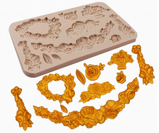 Mazzo di Rose Fiori e Foglie con 10 decorazioni. Barocco. Fantastiche decorazioni. Stampo in silicone