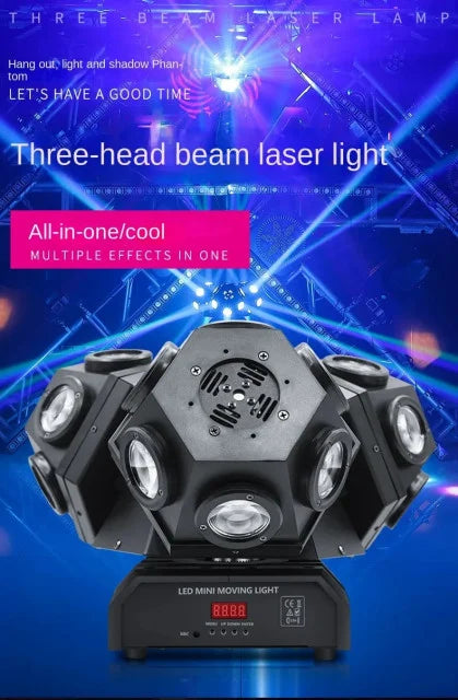 Faro Professional LED Stroboscopico con Laser, anche posizionabile su tavolo. Doppia testa mobile rotante con effetto DISCO a 3 Teste 4 in 1 RGB-W RGB. In zona Roma anche a noleggio