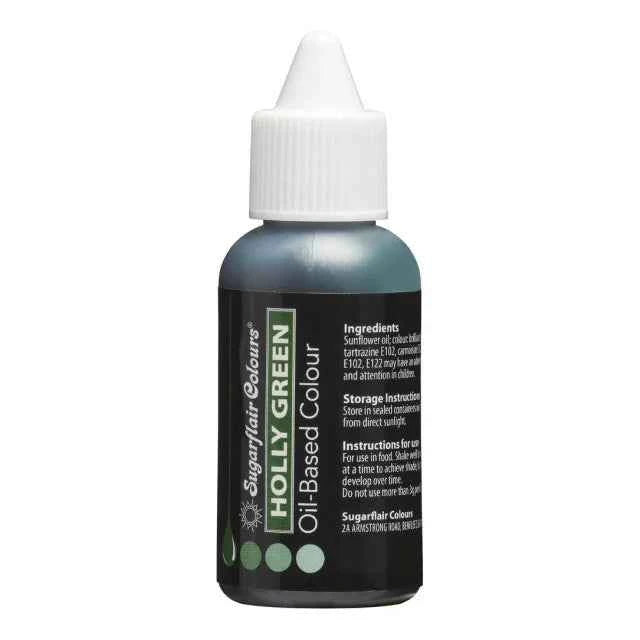 Verde Agrifoglio. HOLLY GREEN. Colorante a base Olio per Cioccolato, Crema al burro, Pasta di Zucchero e Panna. 30 ml. Sugarflair