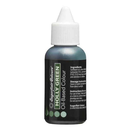 Verde Agrifoglio. HOLLY GREEN. Colorante a base Olio per Cioccolato, Crema al burro, Pasta di Zucchero e Panna. 30 ml. Sugarflair