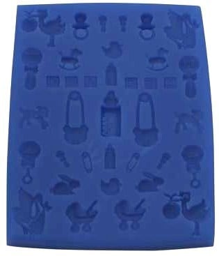 Baptism theme. Molds featuring a stork, baby bottle, crib, pacifier pin, pram, and many other shapes.