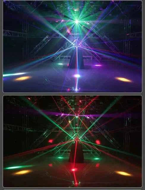 Faro Professional LED Stroboscopico con Laser, anche posizionabile su tavolo. Doppia testa mobile rotante con effetto DISCO a 3 Teste 4 in 1 RGB-W RGB. In zona Roma anche a noleggio