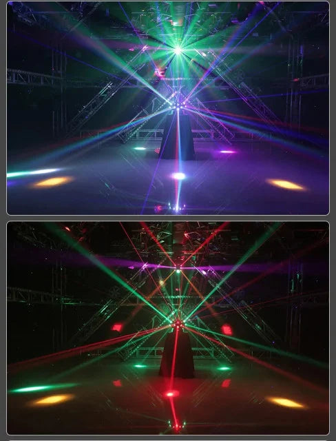 Faro Professional LED Stroboscopico con Laser, anche posizionabile su tavolo. Doppia testa mobile rotante con effetto DISCO a 3 Teste 4 in 1 RGB-W RGB. In zona Roma anche a noleggio