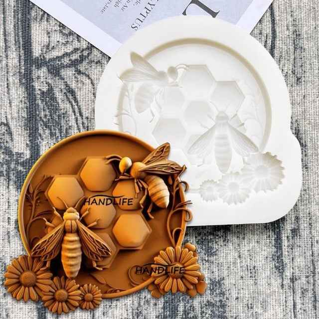 2 Api con Alveare e Fiori. Stampo in silicone.Honeycomb Bee Daisy Mold